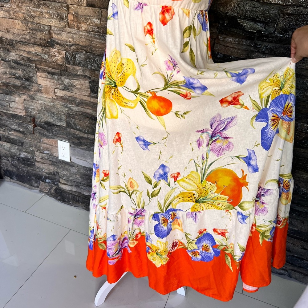 Rachel Zoe Cream Floral Maxi Dress with Bright Orange Trim - Picture 3 of 7